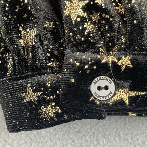 All Saints Jemima Star Dress Black Velvet Metallic Gold Printed Faux Wrap Size 4 - Picture 13 of 16